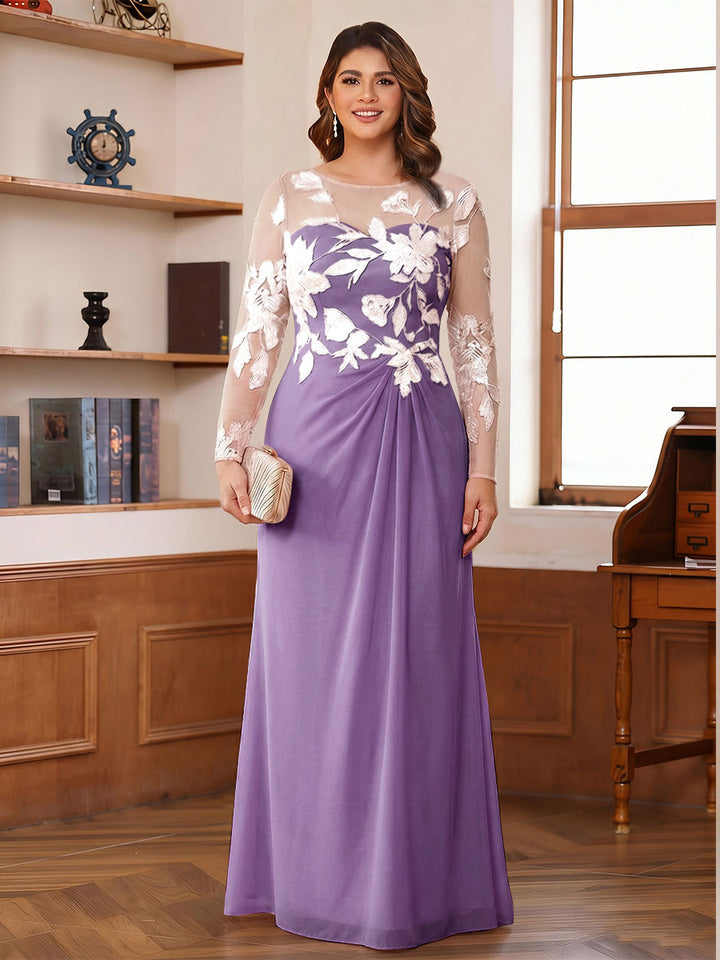 A-Line/Princess Scoop Long Sleeves Floor-Length Ruched Plus Size Mother of the Bride Dresses With Appliques
