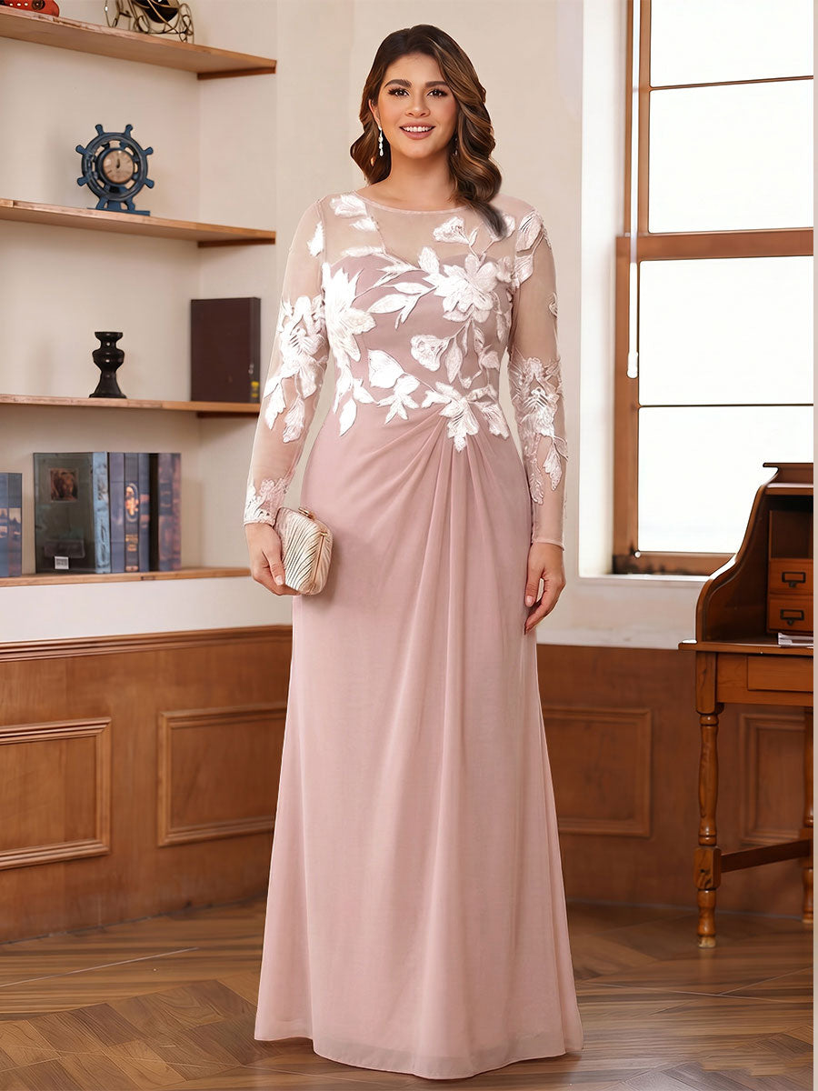 A-Line/Princess Scoop Long Sleeves Floor-Length Ruched Plus Size Mother of the Bride Dresses With Appliques