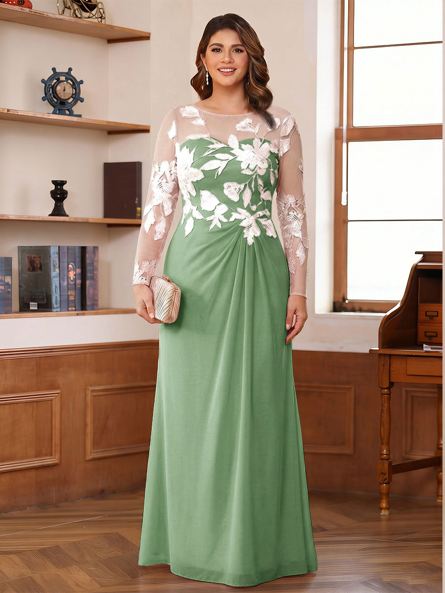 A-Line/Princess Scoop Long Sleeves Floor-Length Ruched Plus Size Mother of the Bride Dresses With Appliques