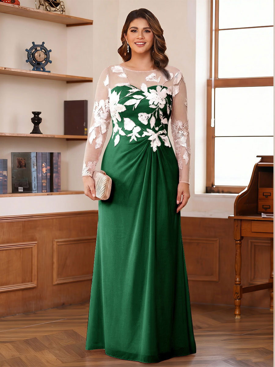 A-Line/Princess Scoop Long Sleeves Floor-Length Ruched Plus Size Mother of the Bride Dresses With Appliques