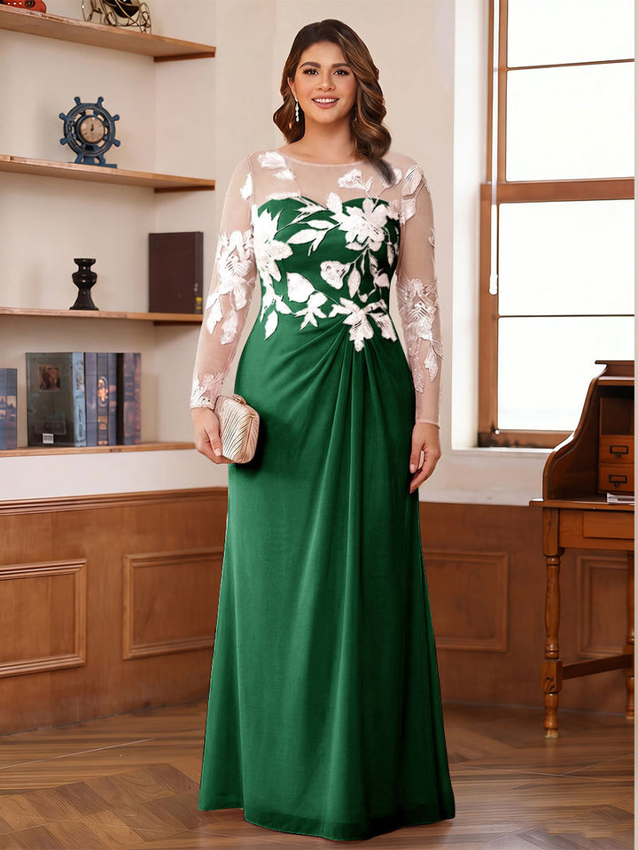 A-Line/Princess Scoop Long Sleeves Floor-Length Ruched Plus Size Mother of the Bride Dresses With Appliques