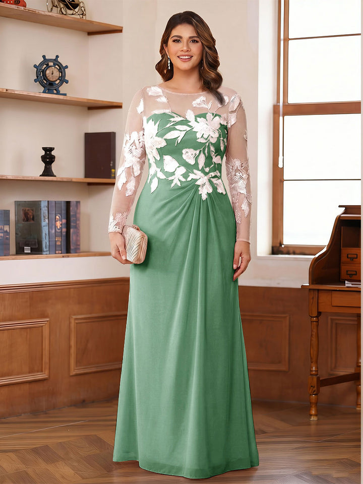 A-Line/Princess Scoop Long Sleeves Floor-Length Ruched Plus Size Mother of the Bride Dresses With Appliques