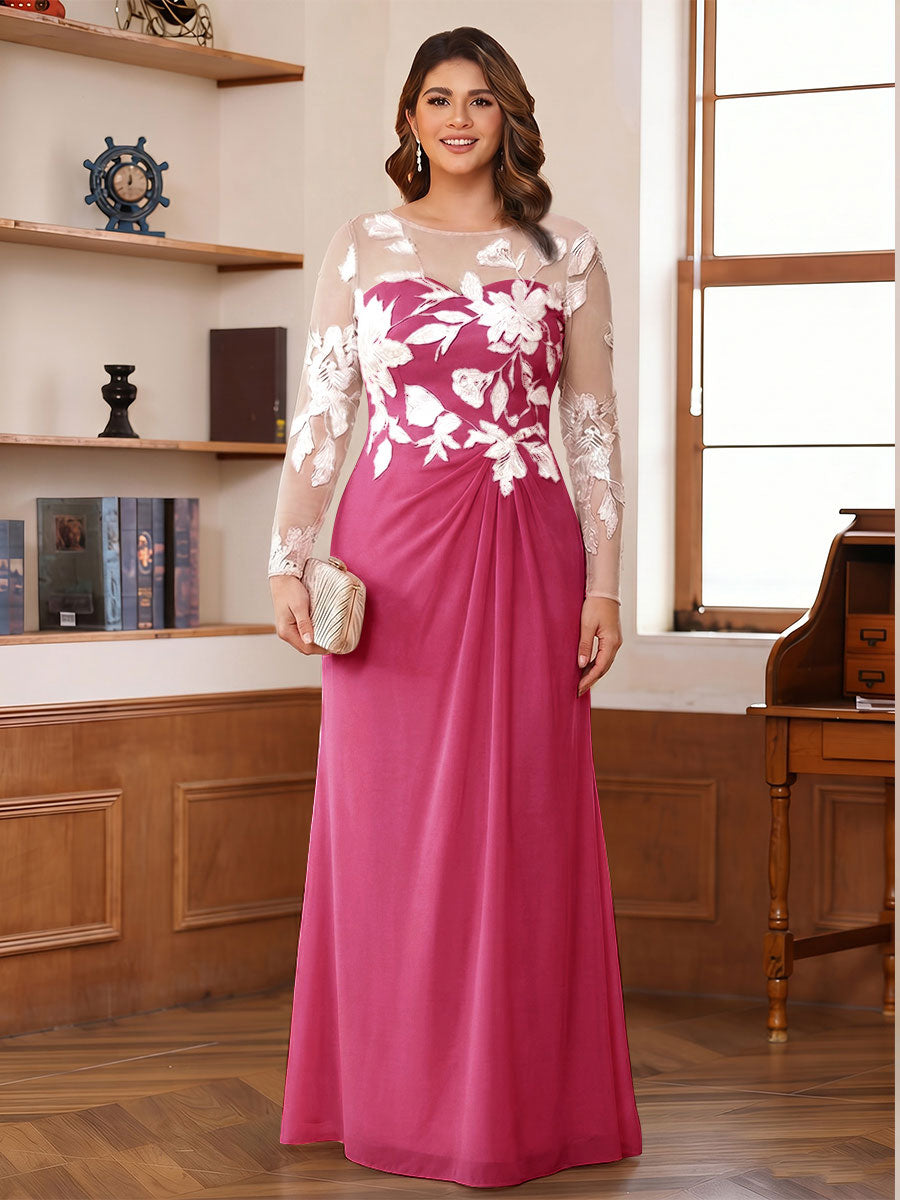 A-Line/Princess Scoop Long Sleeves Floor-Length Ruched Plus Size Mother of the Bride Dresses With Appliques