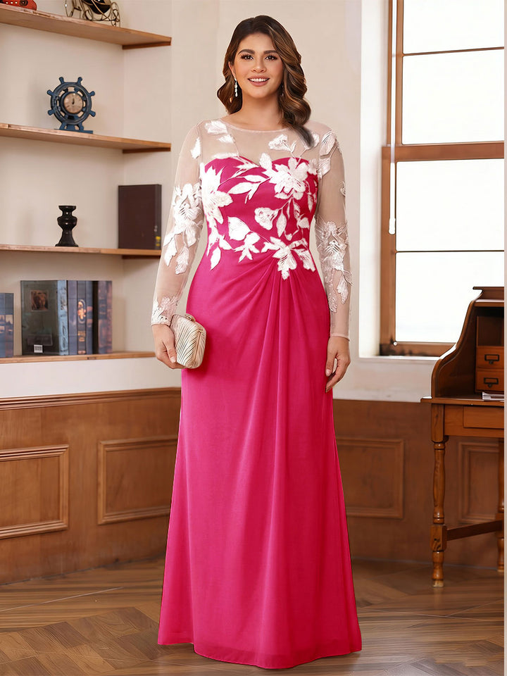 A-Line/Princess Scoop Long Sleeves Floor-Length Ruched Plus Size Mother of the Bride Dresses With Appliques