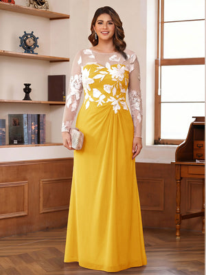 A-Line/Princess Scoop Long Sleeves Floor-Length Ruched Plus Size Mother of the Bride Dresses With Appliques