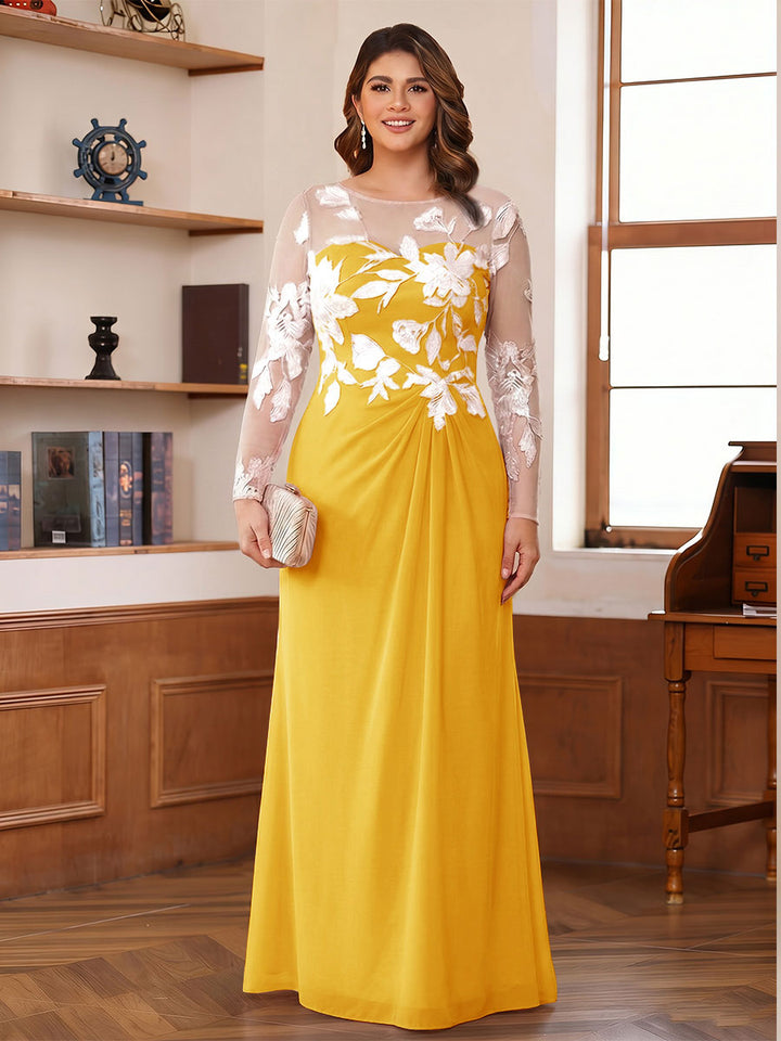 A-Line/Princess Scoop Long Sleeves Floor-Length Ruched Plus Size Mother of the Bride Dresses With Appliques
