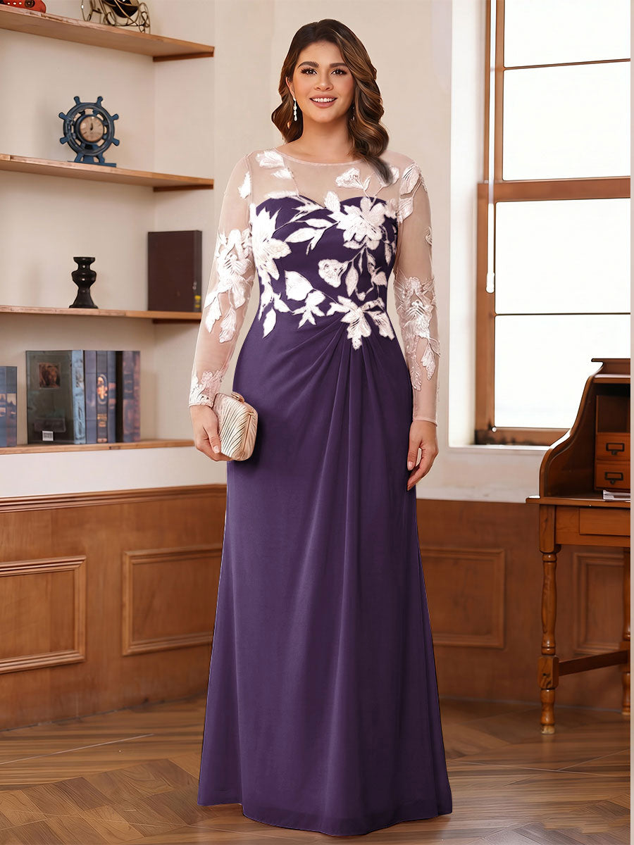 A-Line/Princess Scoop Long Sleeves Floor-Length Ruched Plus Size Mother of the Bride Dresses With Appliques