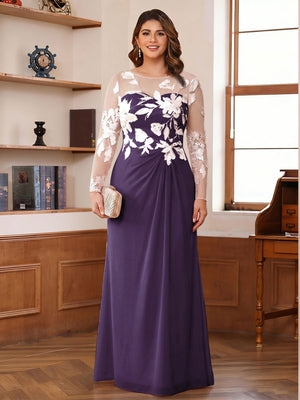 A-Line/Princess Scoop Long Sleeves Floor-Length Ruched Plus Size Mother of the Bride Dresses With Appliques