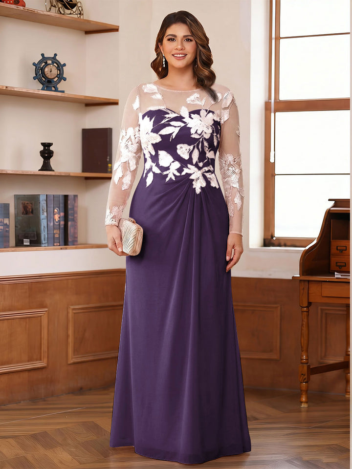 A-Line/Princess Scoop Long Sleeves Floor-Length Ruched Plus Size Mother of the Bride Dresses With Appliques