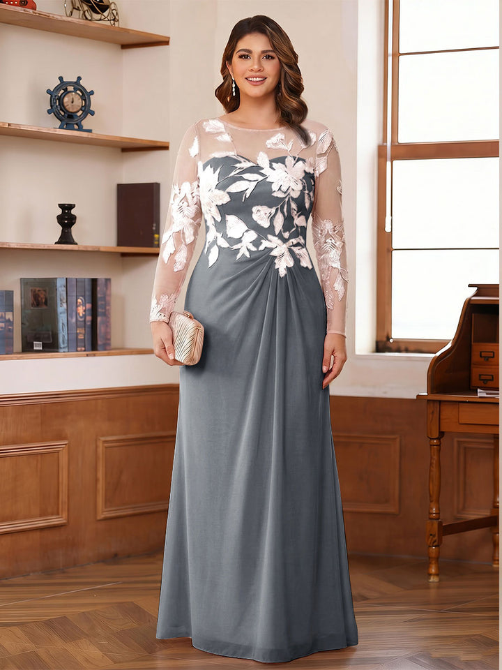 A-Line/Princess Scoop Long Sleeves Floor-Length Ruched Plus Size Mother of the Bride Dresses With Appliques