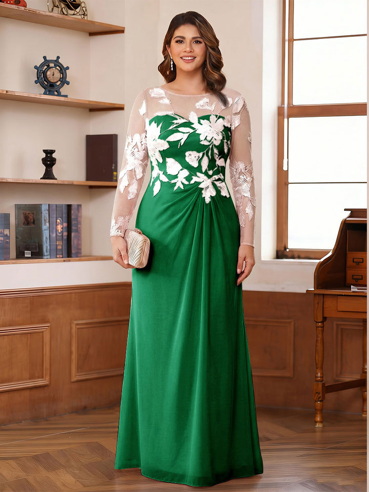 A-Line/Princess Scoop Long Sleeves Floor-Length Ruched Plus Size Mother of the Bride Dresses With Appliques
