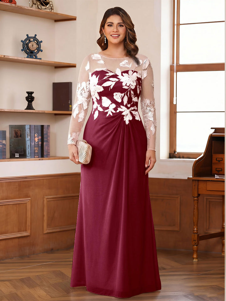 A-Line/Princess Scoop Long Sleeves Floor-Length Ruched Plus Size Mother of the Bride Dresses With Appliques