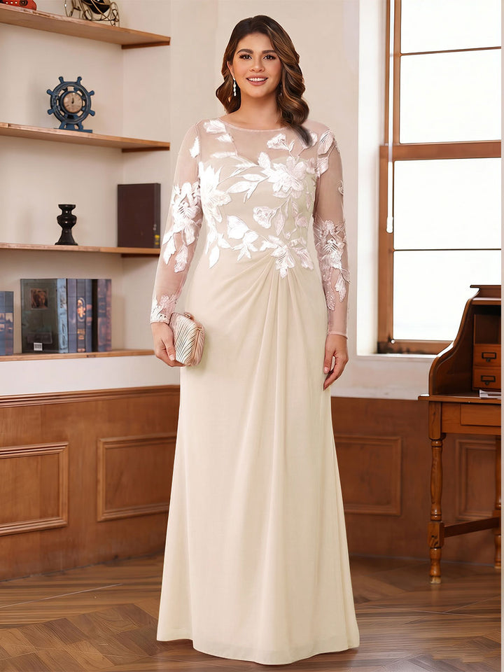 A-Line/Princess Scoop Long Sleeves Floor-Length Ruched Plus Size Mother of the Bride Dresses With Appliques