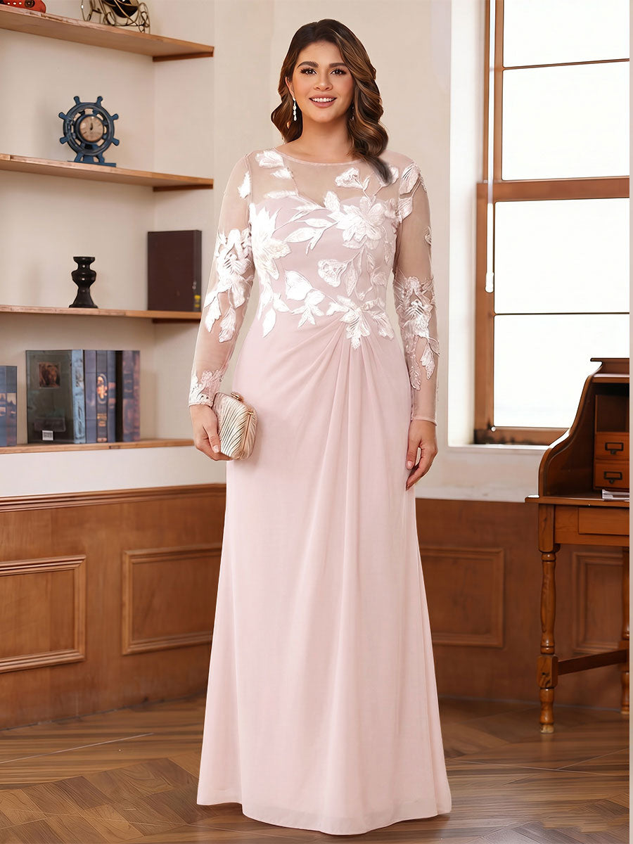 A-Line/Princess Scoop Long Sleeves Floor-Length Ruched Plus Size Mother of the Bride Dresses With Appliques