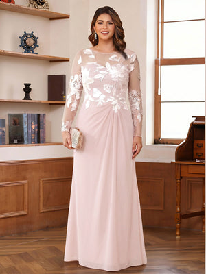 A-Line/Princess Scoop Long Sleeves Floor-Length Ruched Plus Size Mother of the Bride Dresses With Appliques