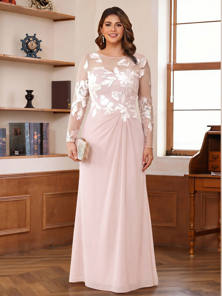 A-Line/Princess Scoop Long Sleeves Floor-Length Ruched Plus Size Mother of the Bride Dresses With Appliques