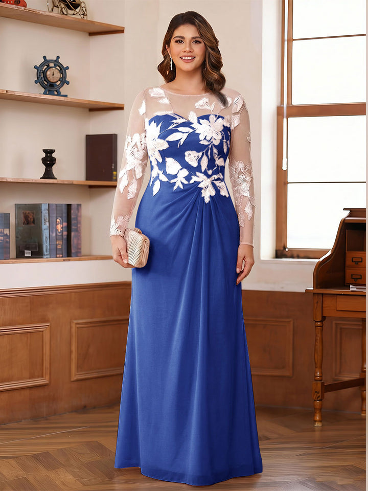 A-Line/Princess Scoop Long Sleeves Floor-Length Ruched Plus Size Mother of the Bride Dresses With Appliques