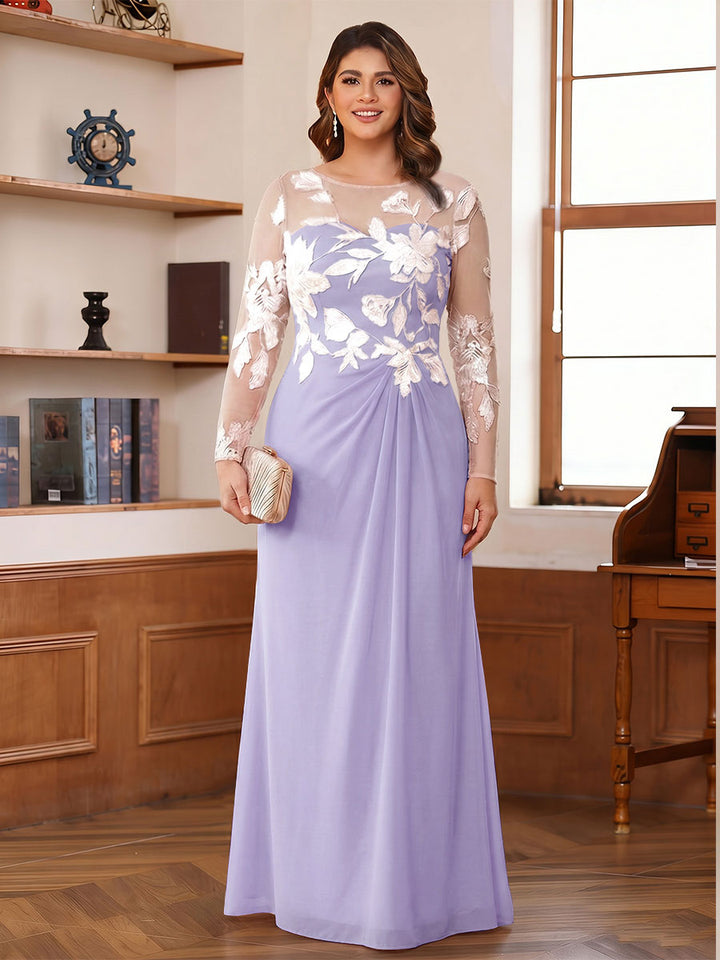 A-Line/Princess Scoop Long Sleeves Floor-Length Ruched Plus Size Mother of the Bride Dresses With Appliques