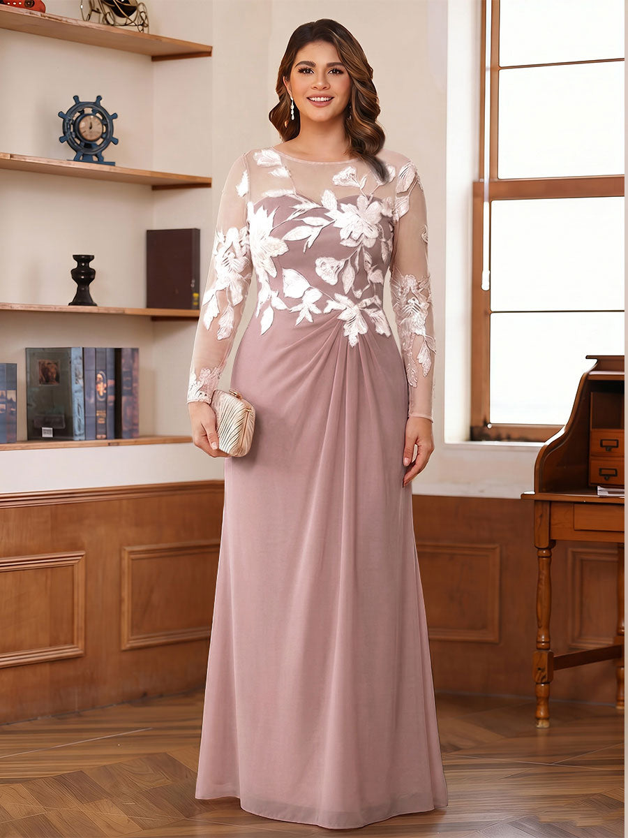 A-Line/Princess Scoop Long Sleeves Floor-Length Ruched Plus Size Mother of the Bride Dresses With Appliques