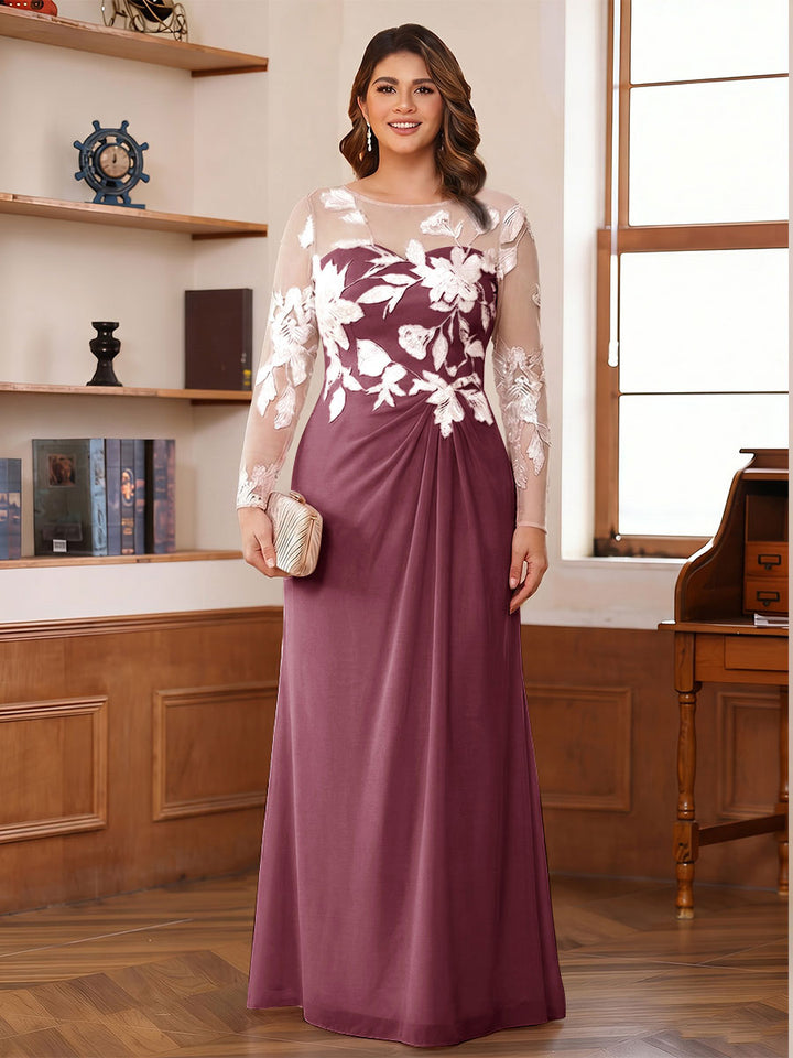 A-Line/Princess Scoop Long Sleeves Floor-Length Ruched Plus Size Mother of the Bride Dresses With Appliques