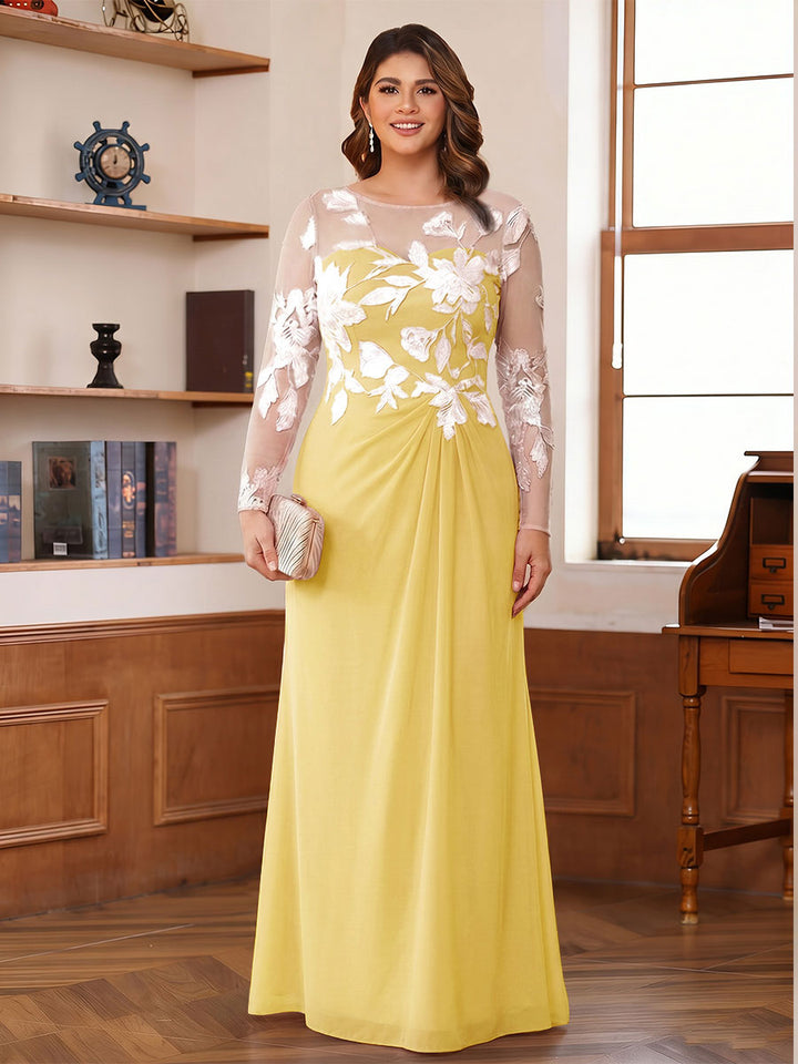 A-Line/Princess Scoop Long Sleeves Floor-Length Ruched Plus Size Mother of the Bride Dresses With Appliques