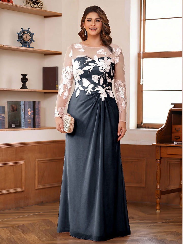 A-Line/Princess Scoop Long Sleeves Floor-Length Ruched Plus Size Mother of the Bride Dresses With Appliques
