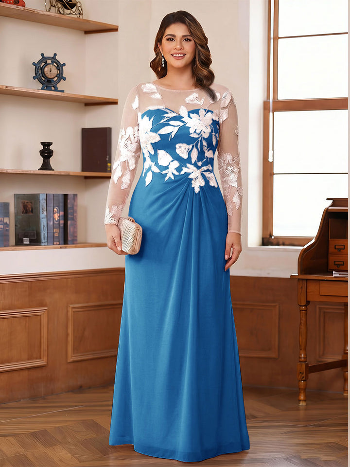 A-Line/Princess Scoop Long Sleeves Floor-Length Ruched Plus Size Mother of the Bride Dresses With Appliques