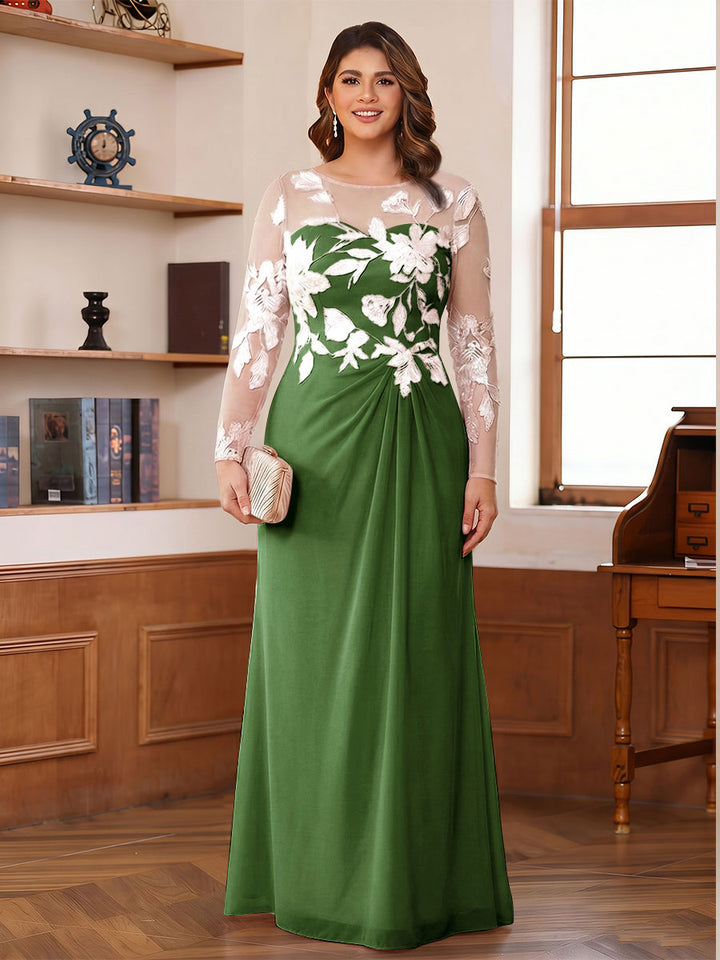 A-Line/Princess Scoop Long Sleeves Floor-Length Ruched Plus Size Mother of the Bride Dresses With Appliques