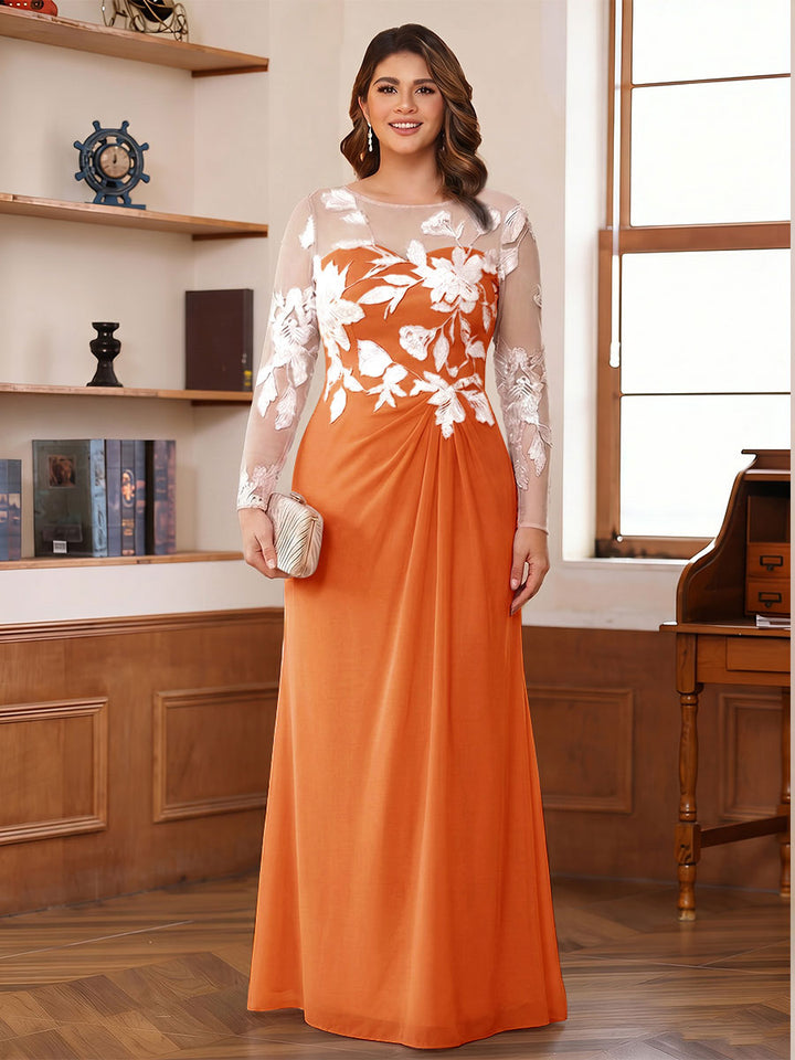A-Line/Princess Scoop Long Sleeves Floor-Length Ruched Plus Size Mother of the Bride Dresses With Appliques