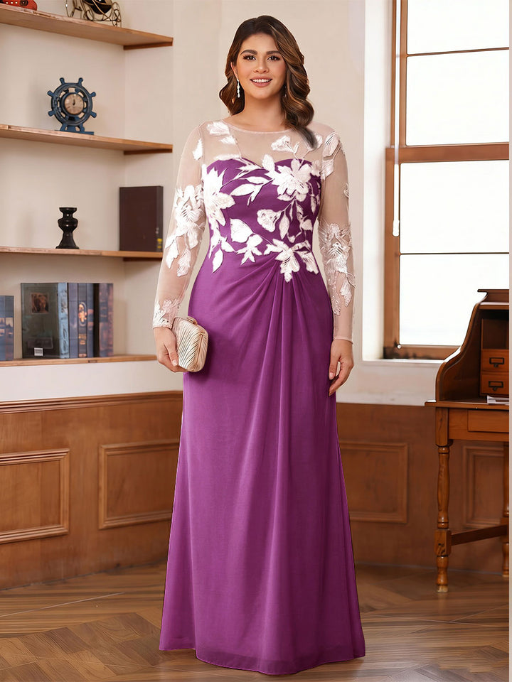 A-Line/Princess Scoop Long Sleeves Floor-Length Ruched Plus Size Mother of the Bride Dresses With Appliques