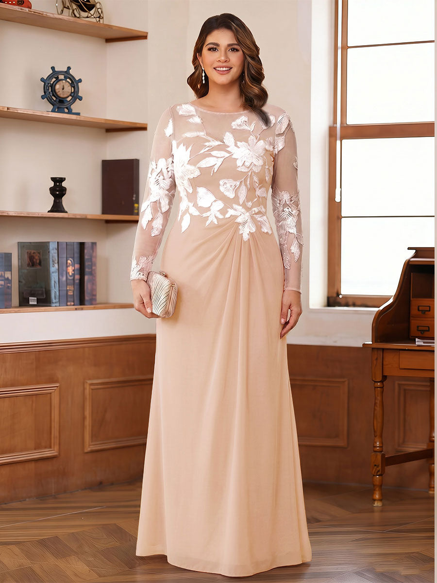 A-Line/Princess Scoop Long Sleeves Floor-Length Ruched Plus Size Mother of the Bride Dresses With Appliques