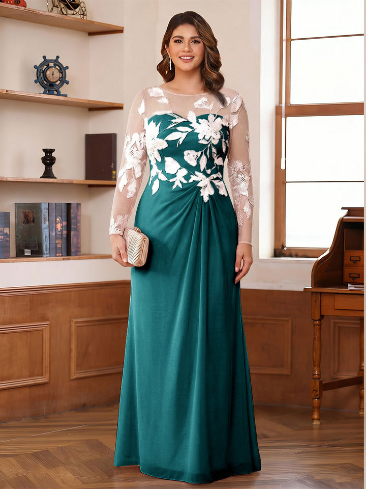 A-Line/Princess Scoop Long Sleeves Floor-Length Ruched Plus Size Mother of the Bride Dresses With Appliques