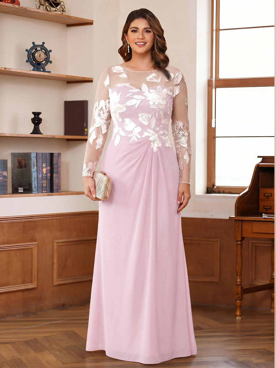 A-Line/Princess Scoop Long Sleeves Floor-Length Ruched Plus Size Mother of the Bride Dresses With Appliques