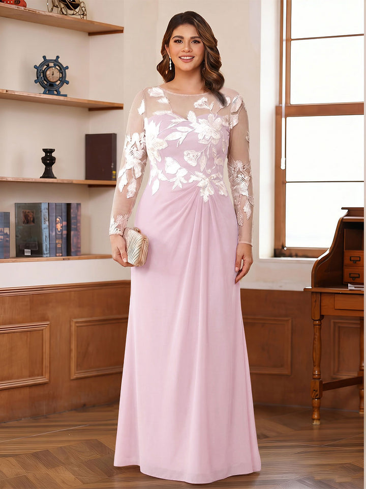 A-Line/Princess Scoop Long Sleeves Floor-Length Ruched Plus Size Mother of the Bride Dresses With Appliques