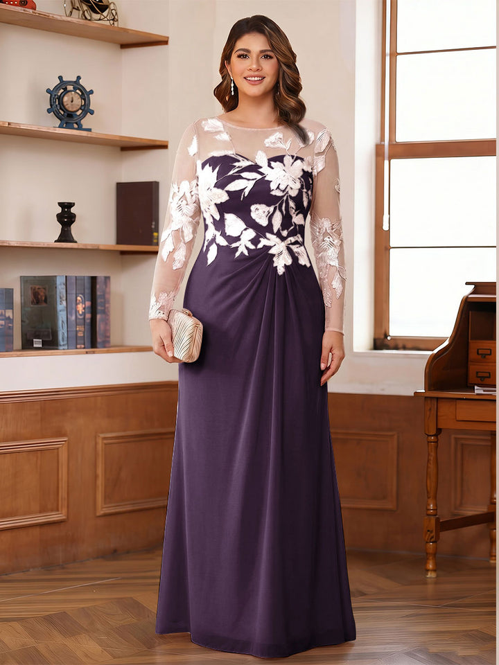 A-Line/Princess Scoop Long Sleeves Floor-Length Ruched Plus Size Mother of the Bride Dresses With Appliques