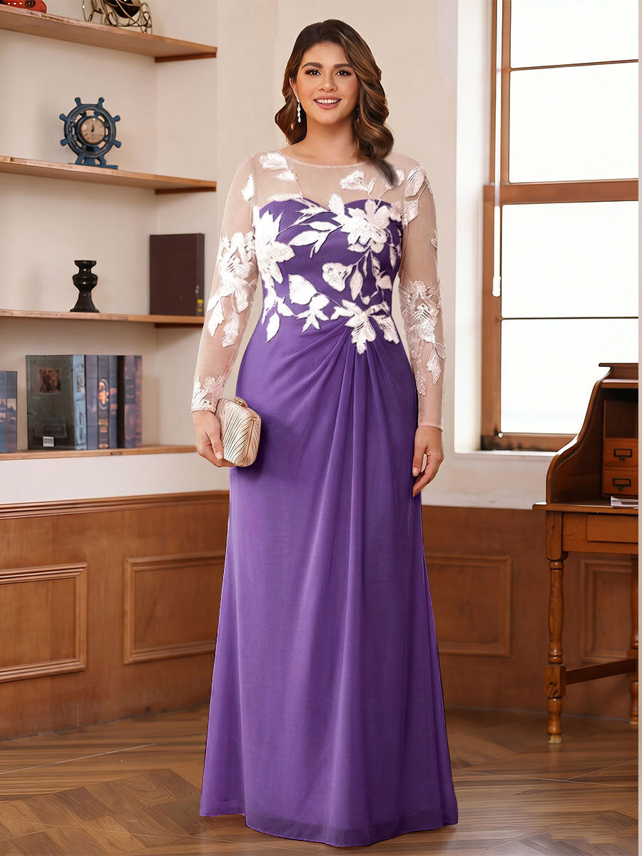 A-Line/Princess Scoop Long Sleeves Floor-Length Ruched Plus Size Mother of the Bride Dresses With Appliques