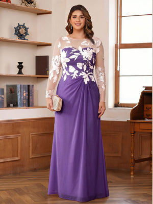 A-Line/Princess Scoop Long Sleeves Floor-Length Ruched Plus Size Mother of the Bride Dresses With Appliques