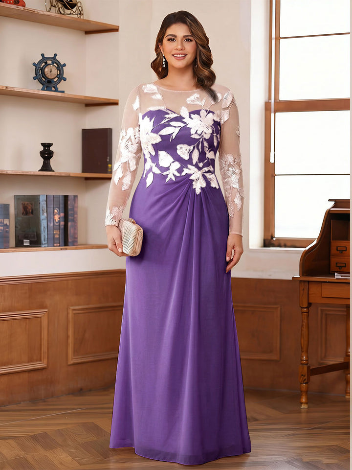 A-Line/Princess Scoop Long Sleeves Floor-Length Ruched Plus Size Mother of the Bride Dresses With Appliques