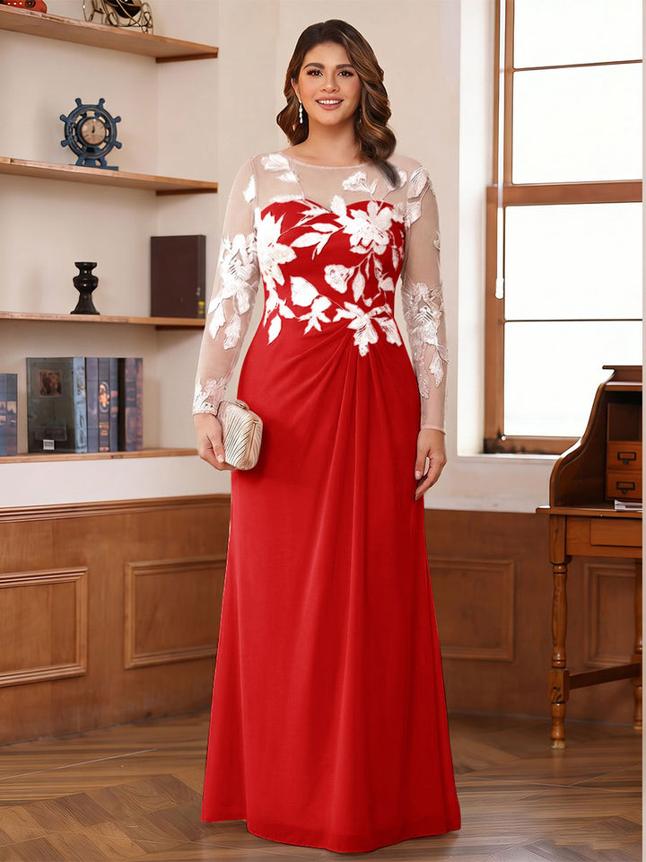 A-Line/Princess Scoop Long Sleeves Floor-Length Ruched Plus Size Mother of the Bride Dresses With Appliques