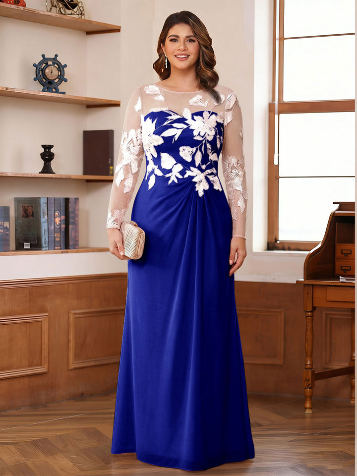 A-Line/Princess Scoop Long Sleeves Floor-Length Ruched Plus Size Mother of the Bride Dresses With Appliques