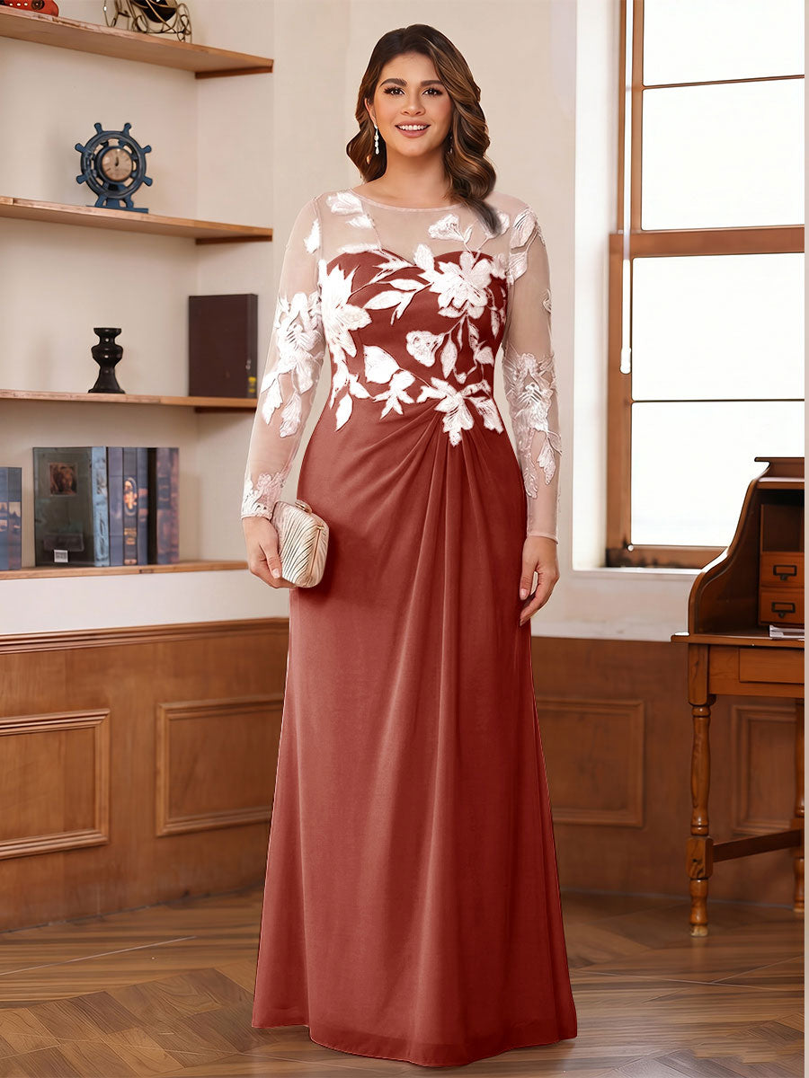 A-Line/Princess Scoop Long Sleeves Floor-Length Ruched Plus Size Mother of the Bride Dresses With Appliques