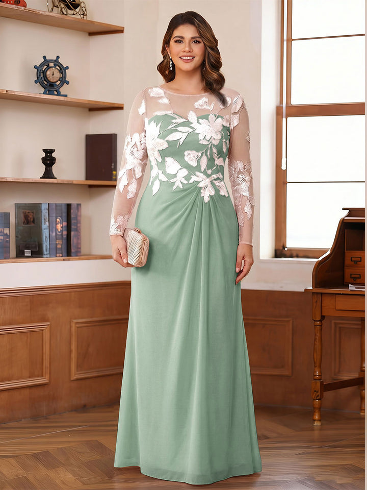 A-Line/Princess Scoop Long Sleeves Floor-Length Ruched Plus Size Mother of the Bride Dresses With Appliques