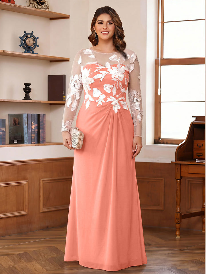 A-Line/Princess Scoop Long Sleeves Floor-Length Ruched Plus Size Mother of the Bride Dresses With Appliques