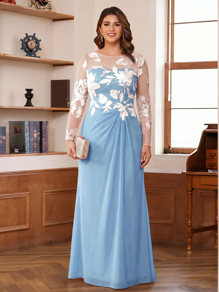 A-Line/Princess Scoop Long Sleeves Floor-Length Ruched Plus Size Mother of the Bride Dresses With Appliques