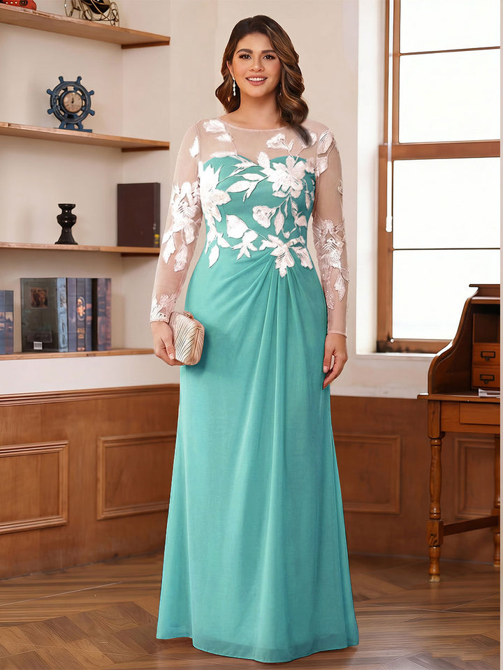 A-Line/Princess Scoop Long Sleeves Floor-Length Ruched Plus Size Mother of the Bride Dresses With Appliques