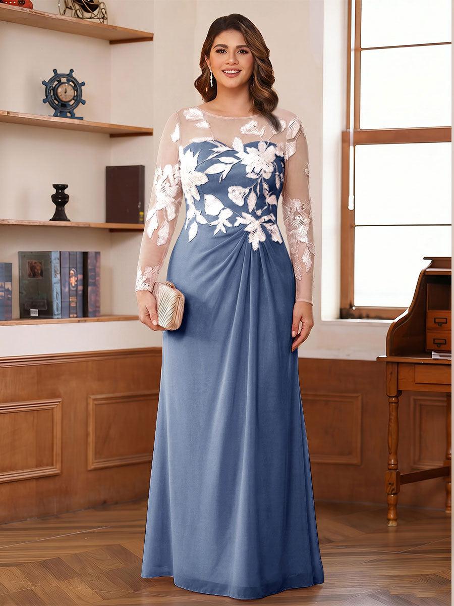 A-Line/Princess Scoop Long Sleeves Floor-Length Ruched Plus Size Mother of the Bride Dresses With Appliques