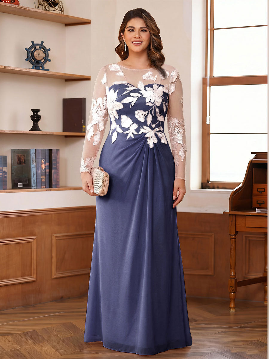 A-Line/Princess Scoop Long Sleeves Floor-Length Ruched Plus Size Mother of the Bride Dresses With Appliques