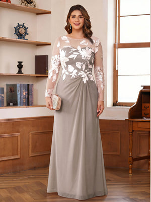 A-Line/Princess Scoop Long Sleeves Floor-Length Ruched Plus Size Mother of the Bride Dresses With Appliques