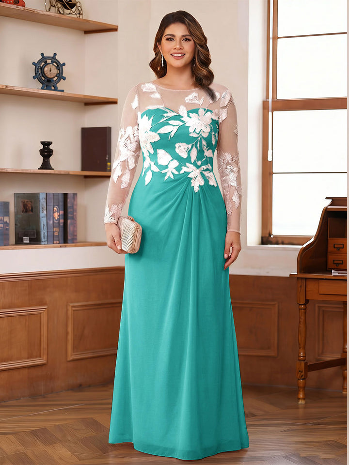 A-Line/Princess Scoop Long Sleeves Floor-Length Ruched Plus Size Mother of the Bride Dresses With Appliques