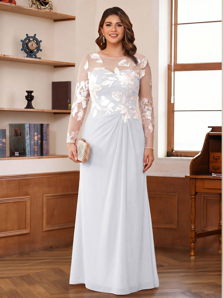 A-Line/Princess Scoop Long Sleeves Floor-Length Ruched Plus Size Mother of the Bride Dresses With Appliques